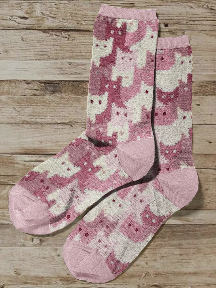 VChics Crowded Cats Pink Knit Art Comfy Socks