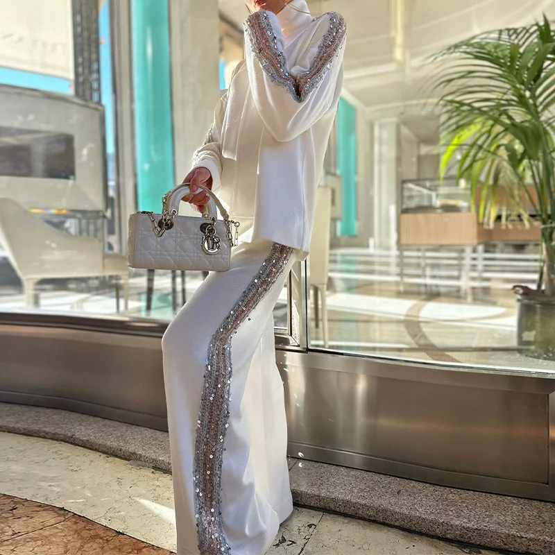 Ueong Ueong 2023 New High-Neck Fashion Niche Sequined Trim Pants Suit Female