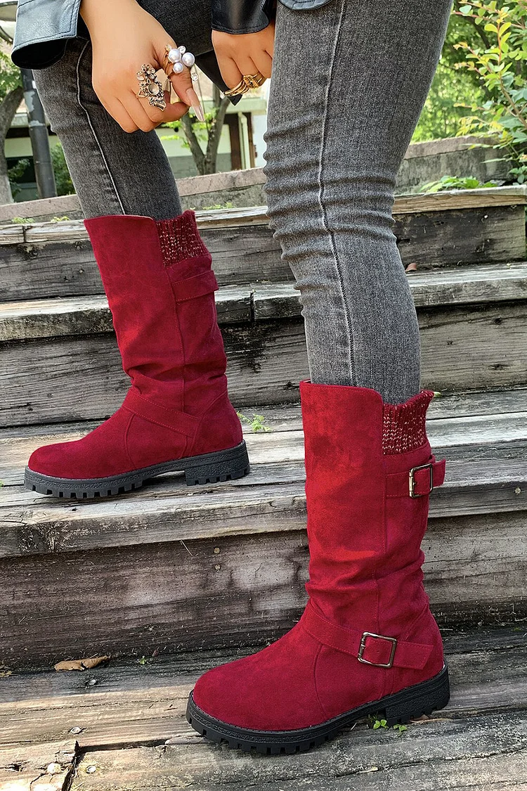 Retro Solid Color Round Toe Thick Heel Belt Buckle Suede Boots 2024 - Xpluswear
