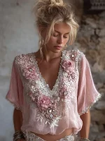 Vintage Boho Pink Rose Embroidery Art V Neck Linen T Shirt