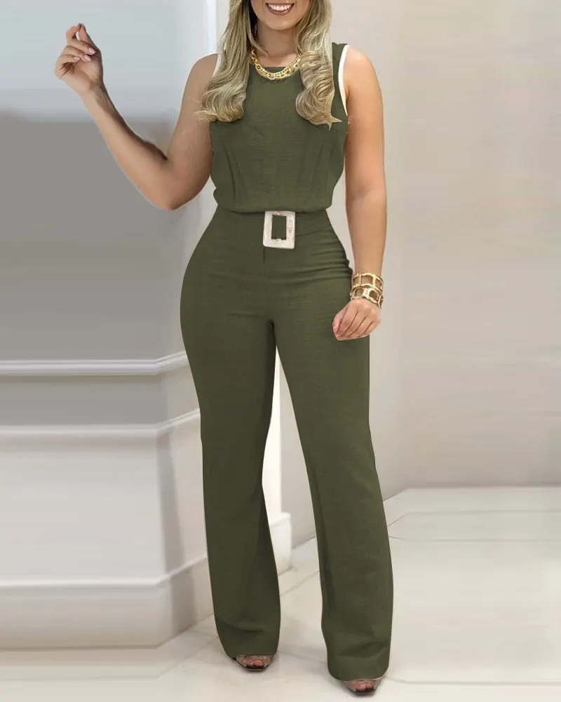 2021 Ladies Fashion Sleeveless Sexy Off-the-shoulder Top High Waist Skinny Flared Pants Two-Piece Set with Belt