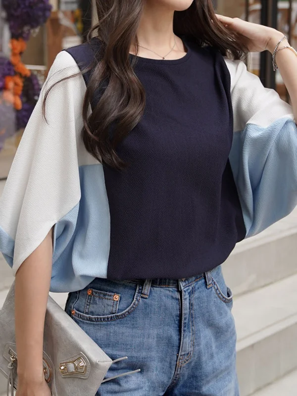 Contrast Color Batwing Sleeves Half Sleeves Round-neck Blouses&shirts Tops