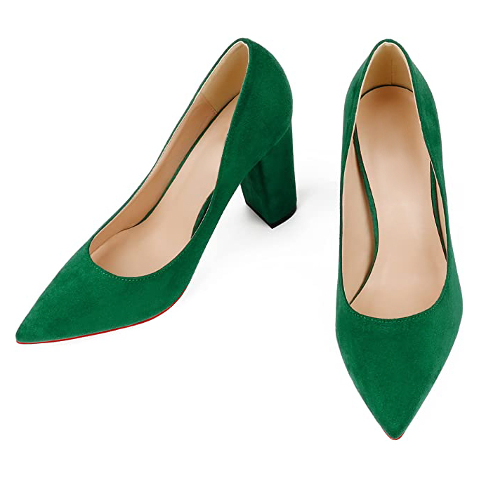 3.5" Women's Chunky Heels Red Bottom Shoes Comfortable Middle Block Heel Suede Pumps-MERUMOTE