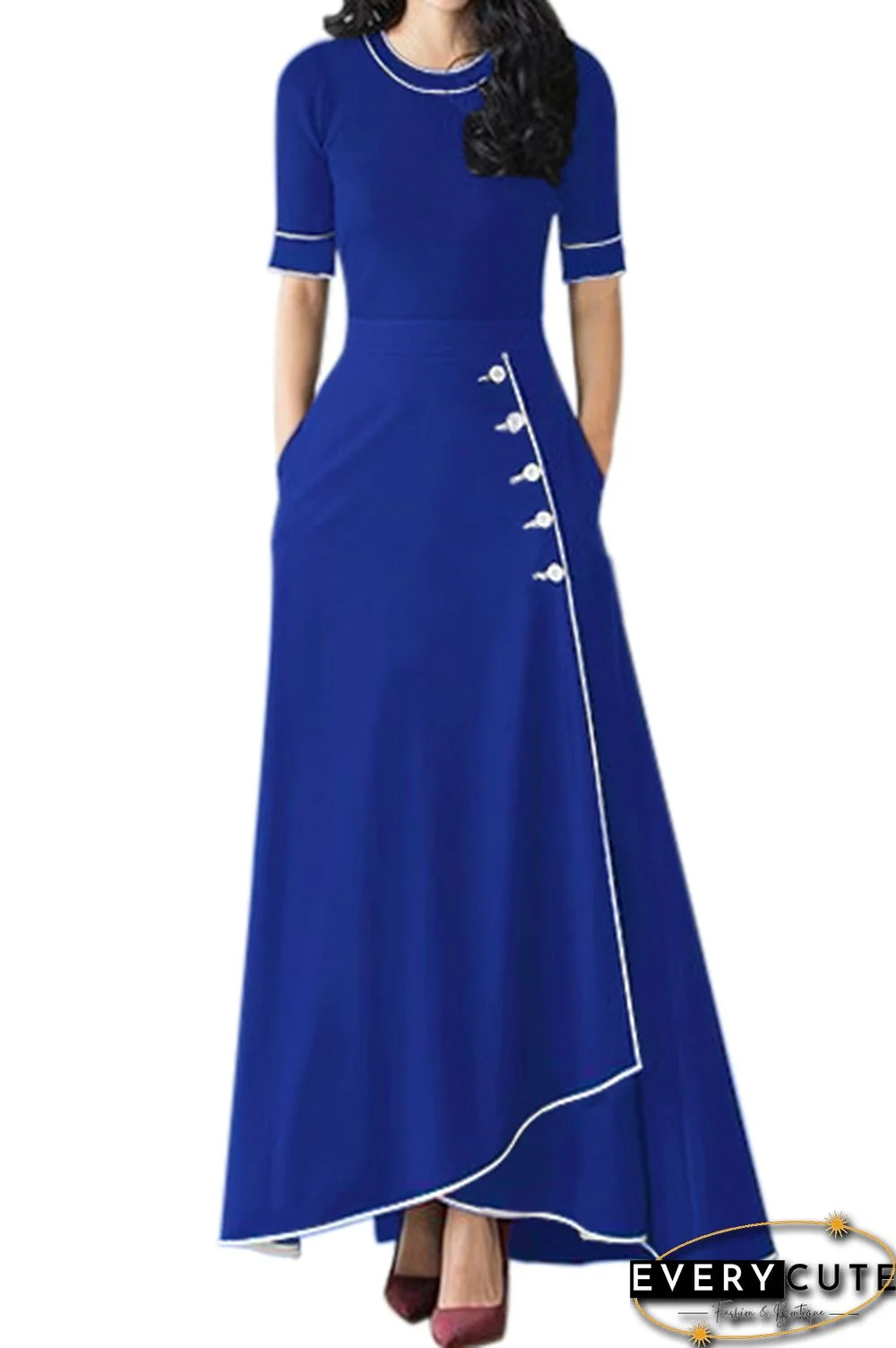 Royal Blue Piped Button Embellished High Waist Maxi Skirt