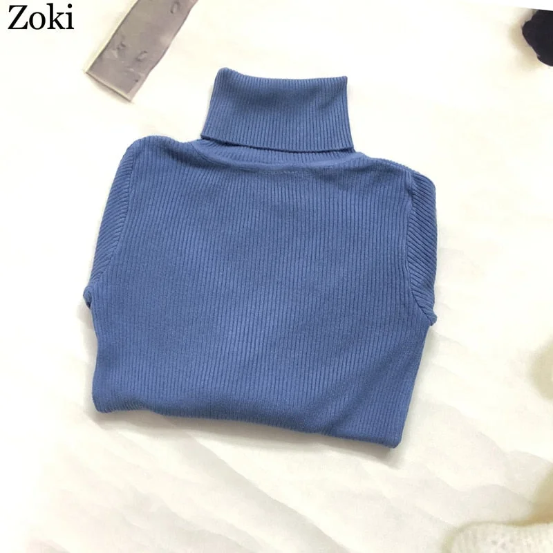 Zoki Soft Women Turtleneck Sweater Autumn Long Sleeve Elastic Female Knitted Jumper Casual Pullover Slim Winter Basic Tops 2021