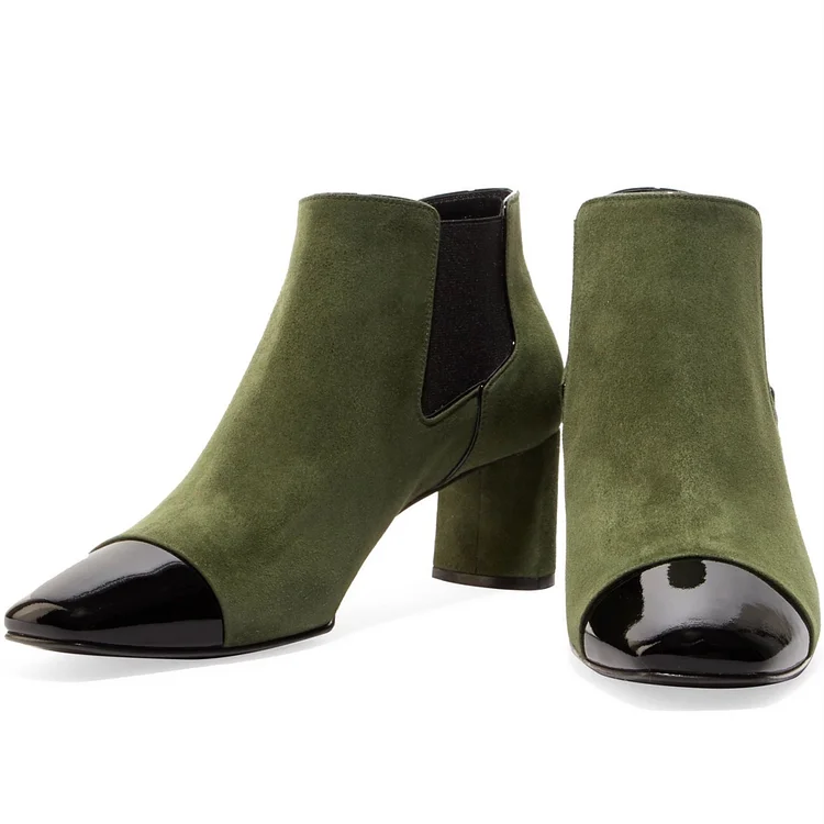 Green and Black Vegan Suede Chelsea Boots Chunky Heel Ankle Boots |FSJ Shoes