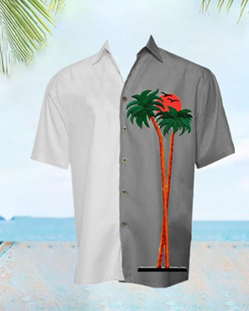 Coconut Trees Sunset Print Patchwork Shirt