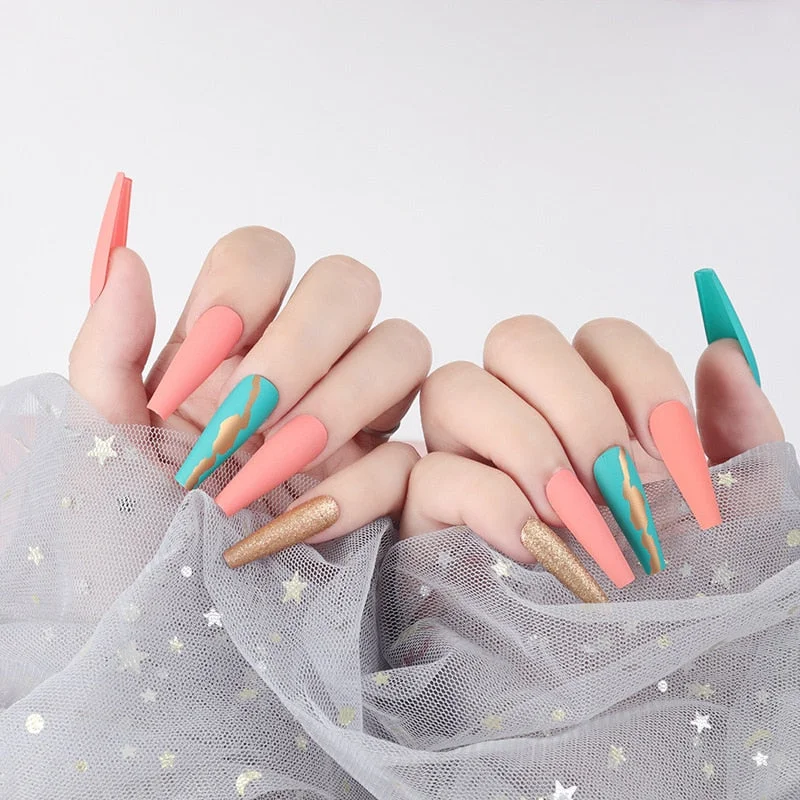 24pc Glitter Fake Nails Long Coffin Mixed Pink Blue Foils False Nails Fingernail DIY Ballerina Nail Decal Art Tips Press On Nail-Nail Inspo