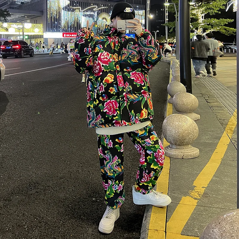 Toloer Northeast Big Flower Coat Suit Male Winter Lovers Large Size Cotton-Padded Clothes Pants China-Fashion Retro Coat Peony Flower Net Red Cotton Clothes-Outfit Ideas