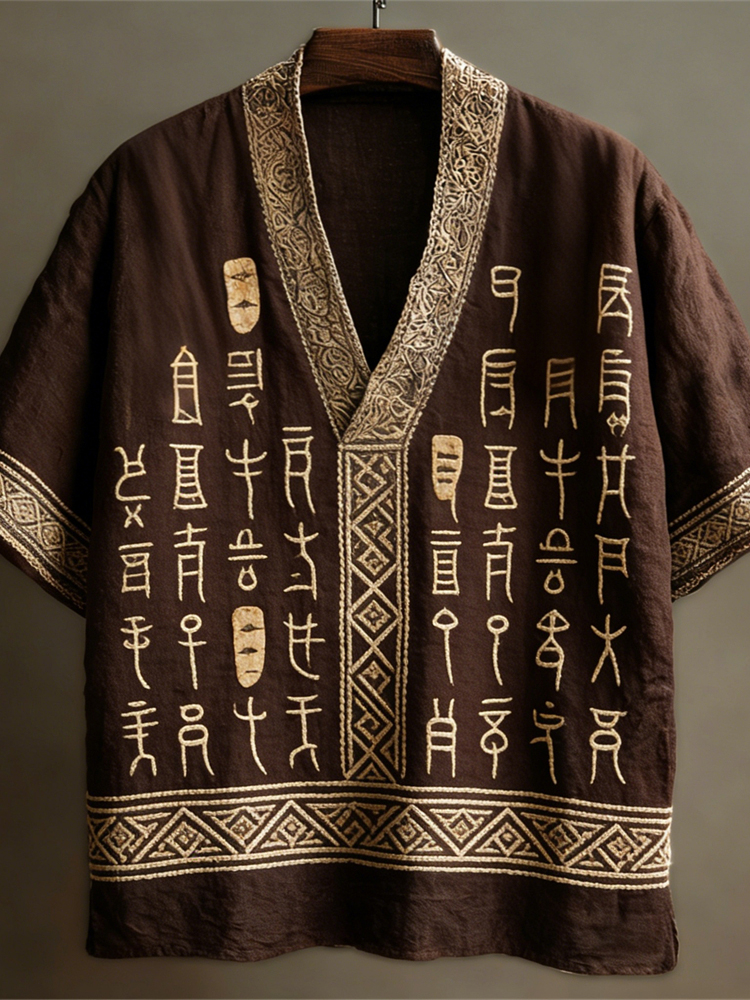 Vintage Geometric Text Art Linen V-neck Shirt  artssus