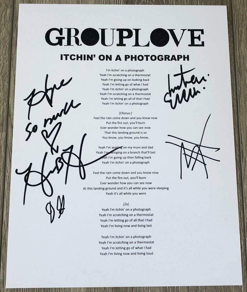 GROUPLOVE SIGNED ITCHIN ON A Photo Poster paintingGRAPH LYRIC SHEET CHRISTIAN & HANNAH +2 wPROOF