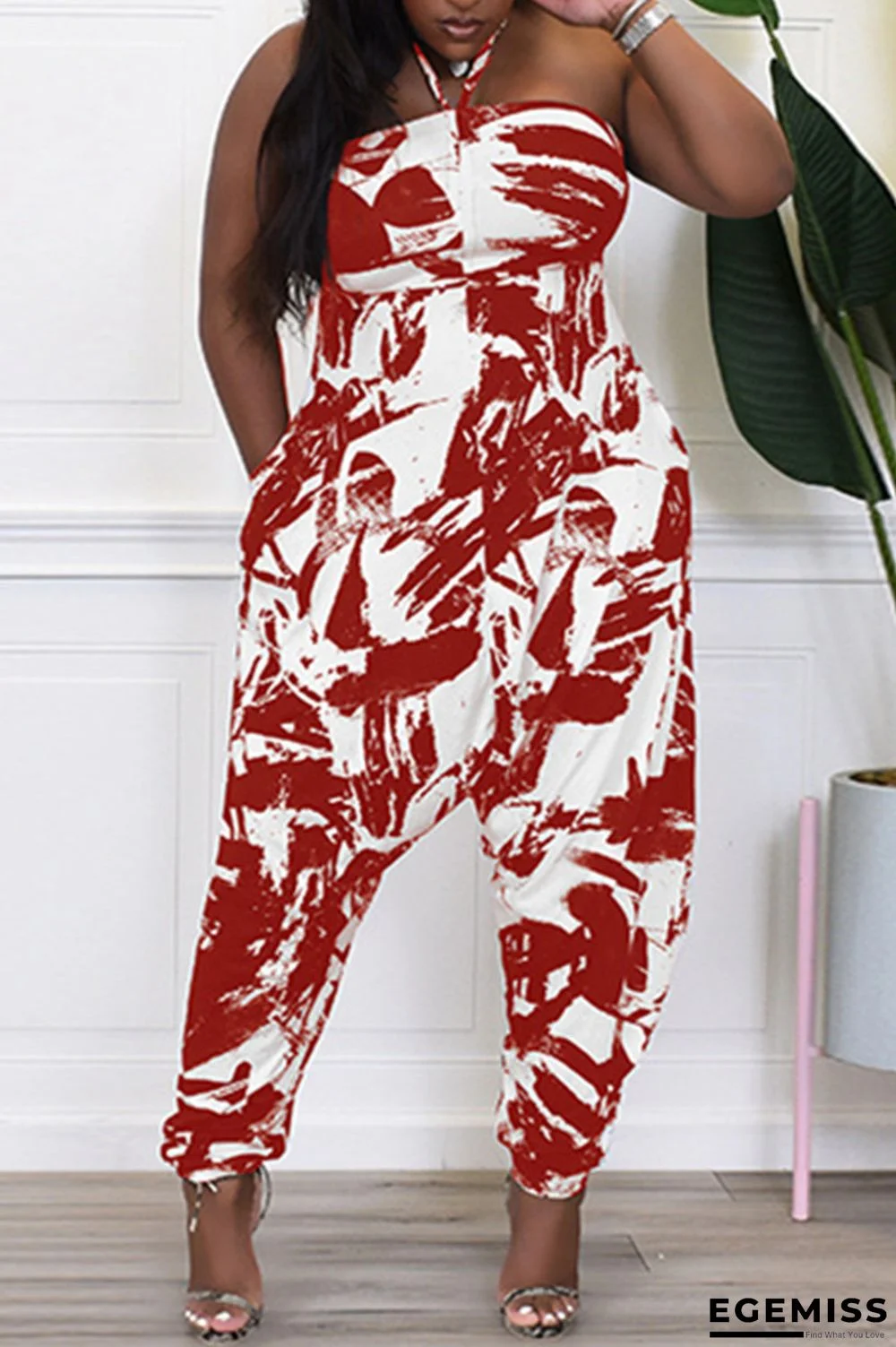 Red Sexy Casual Print Bandage Backless Strapless Regular Jumpsuits | EGEMISS