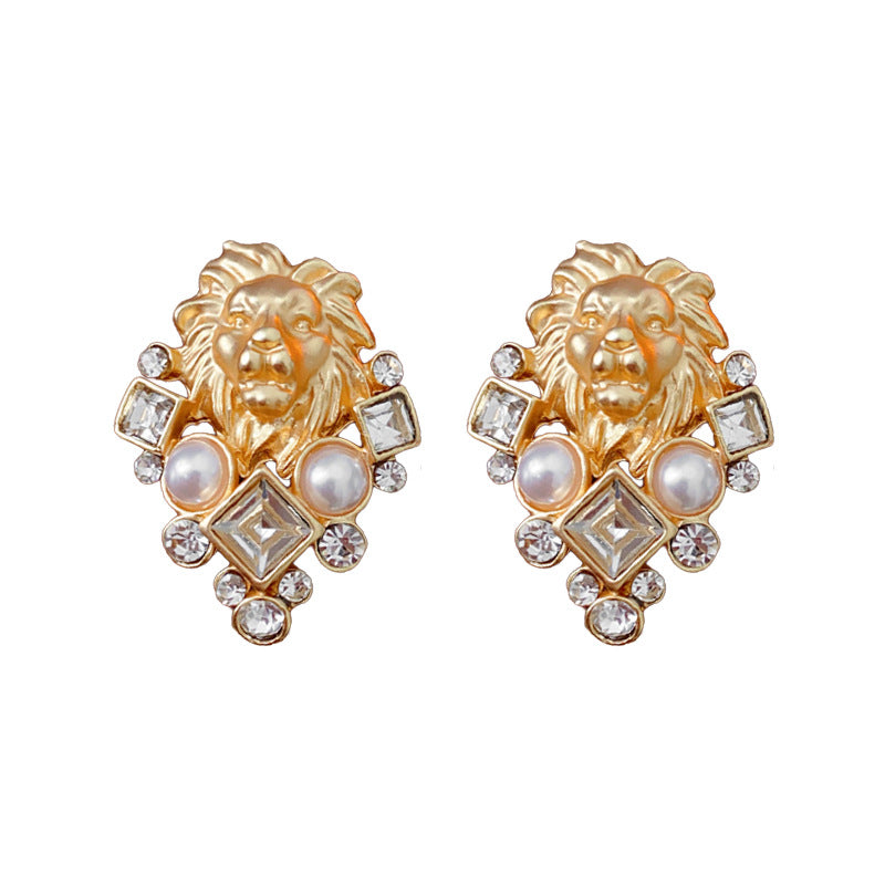 Luxurious Zodiac Sign Rhombus Geometric Chinese Zodiac Animal Artificial Pearl Diamond Inlay Earrings