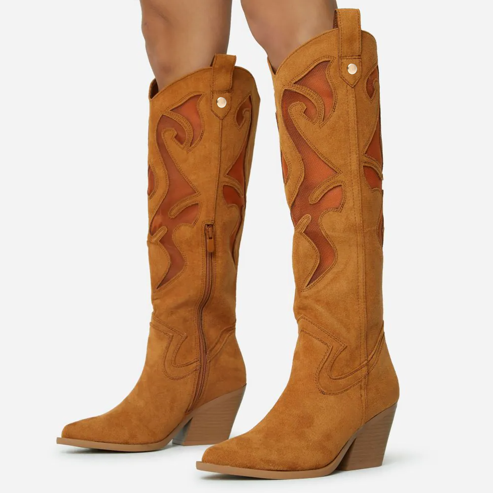 Brown Vegan Suede Pointed Toe Bohemian Pattern Knee Cowgirl Boots Nicepairs