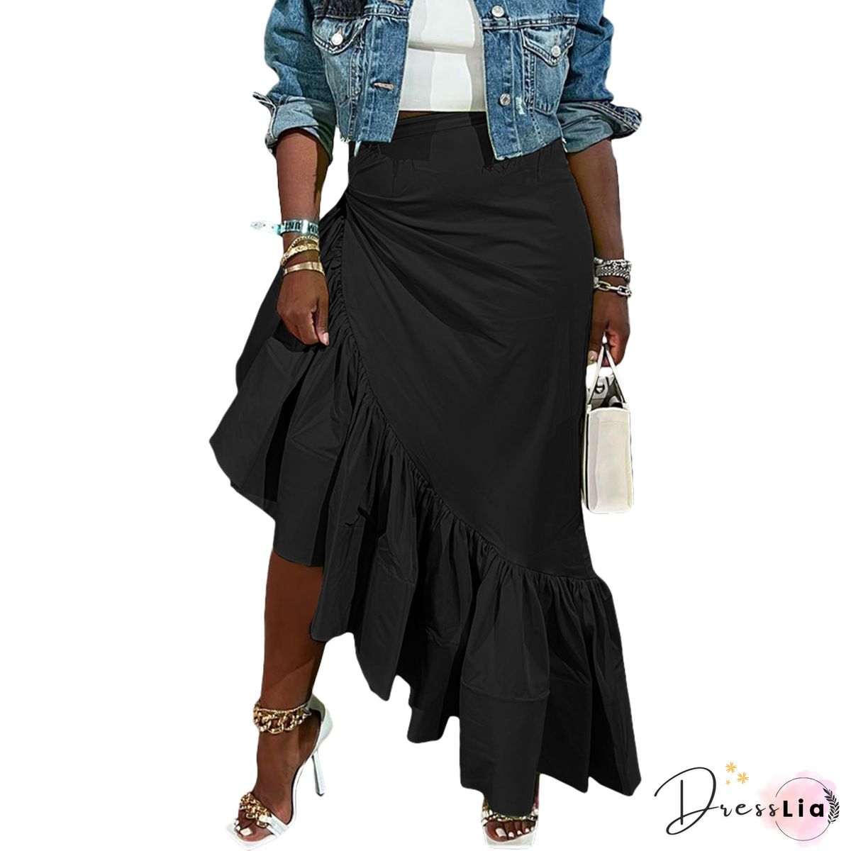High Waist Asymmetrical Slit Ruffle Hem Skirts