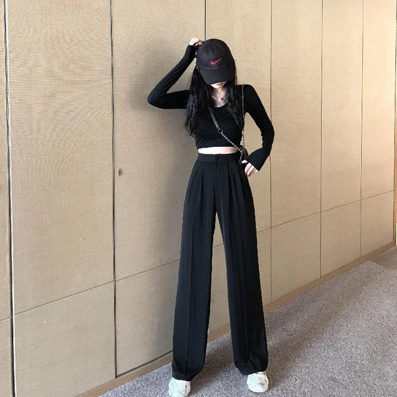 Toloer Toloer Waist Wide Leg Pants Women's Pants Autumn Hanging Feeling Loose Versatile Black Thin Suit Pants Casual Straight Leg Floor Pants-Outfit Ideas