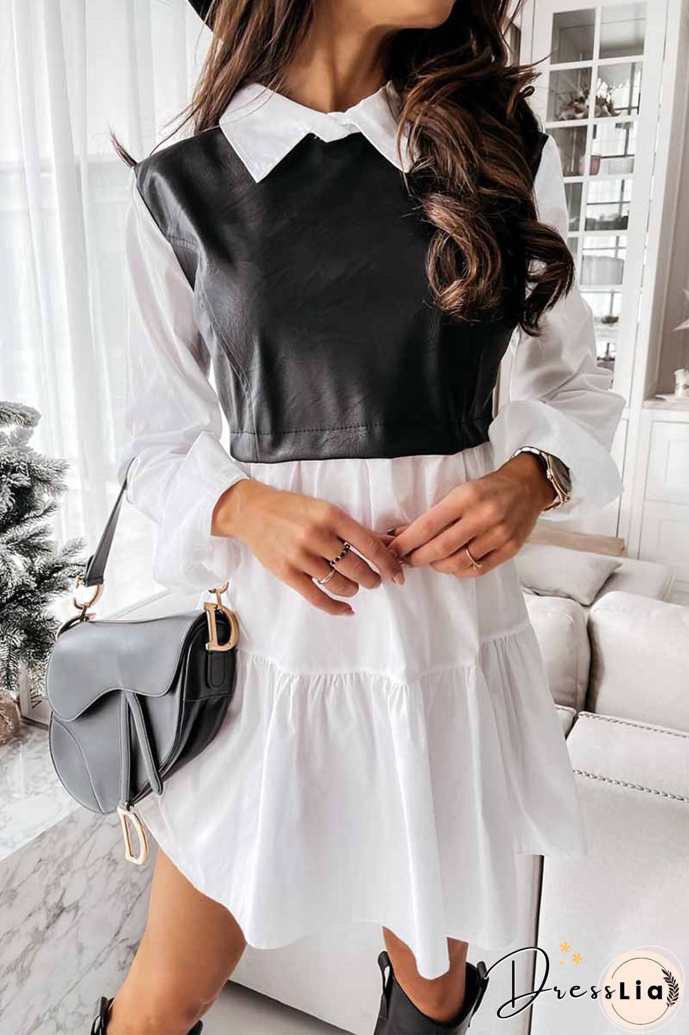 Shirt Skirt And Leather Stitching Mini Dress