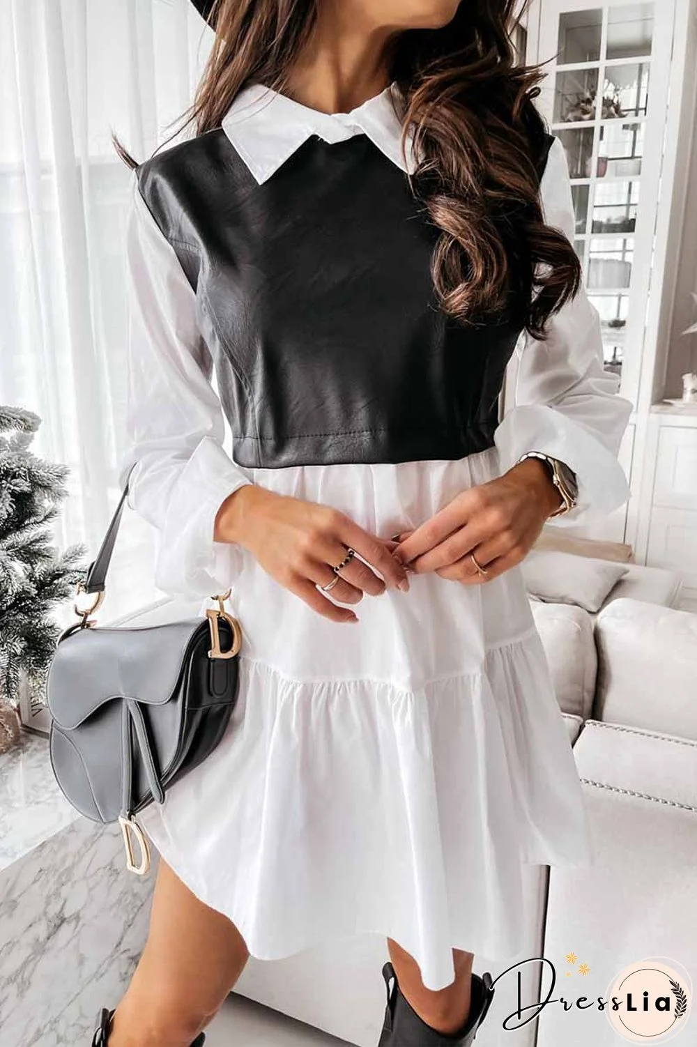 Shirt Skirt And Leather Stitching Mini Dress