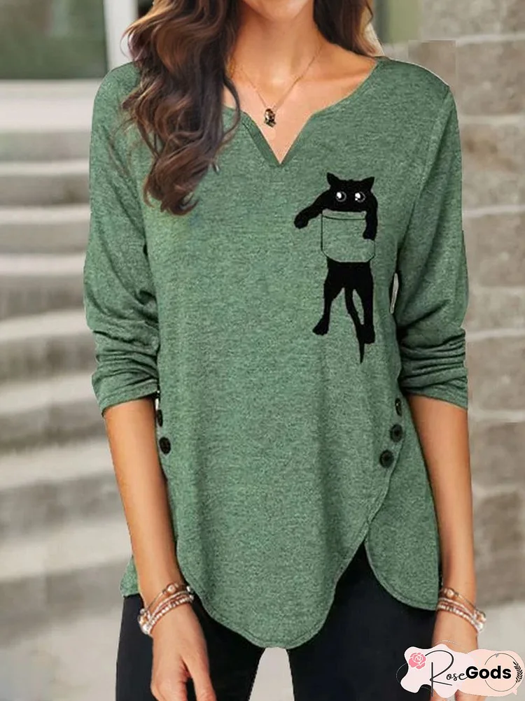 Cat Printed Green Casual Shift Crew Neck T-Shirt