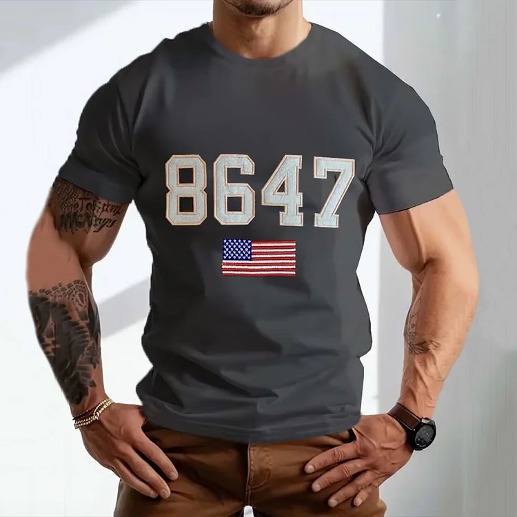 VChics Men's Retro With America Flag Printed Casual Round Neck T-shirt