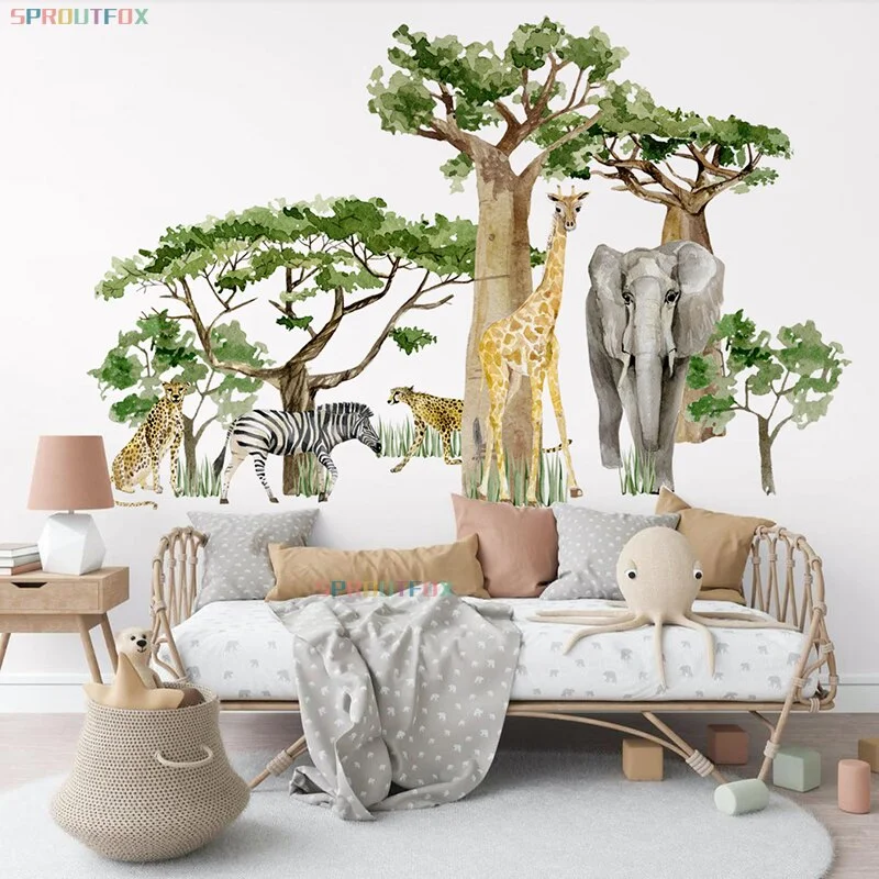 Large Animal Elephant Giraffe Zebra Leopard Wall Stickers for Kid Rooms Baby Boys Bedroom Big Tree Green Forest Animals Decal