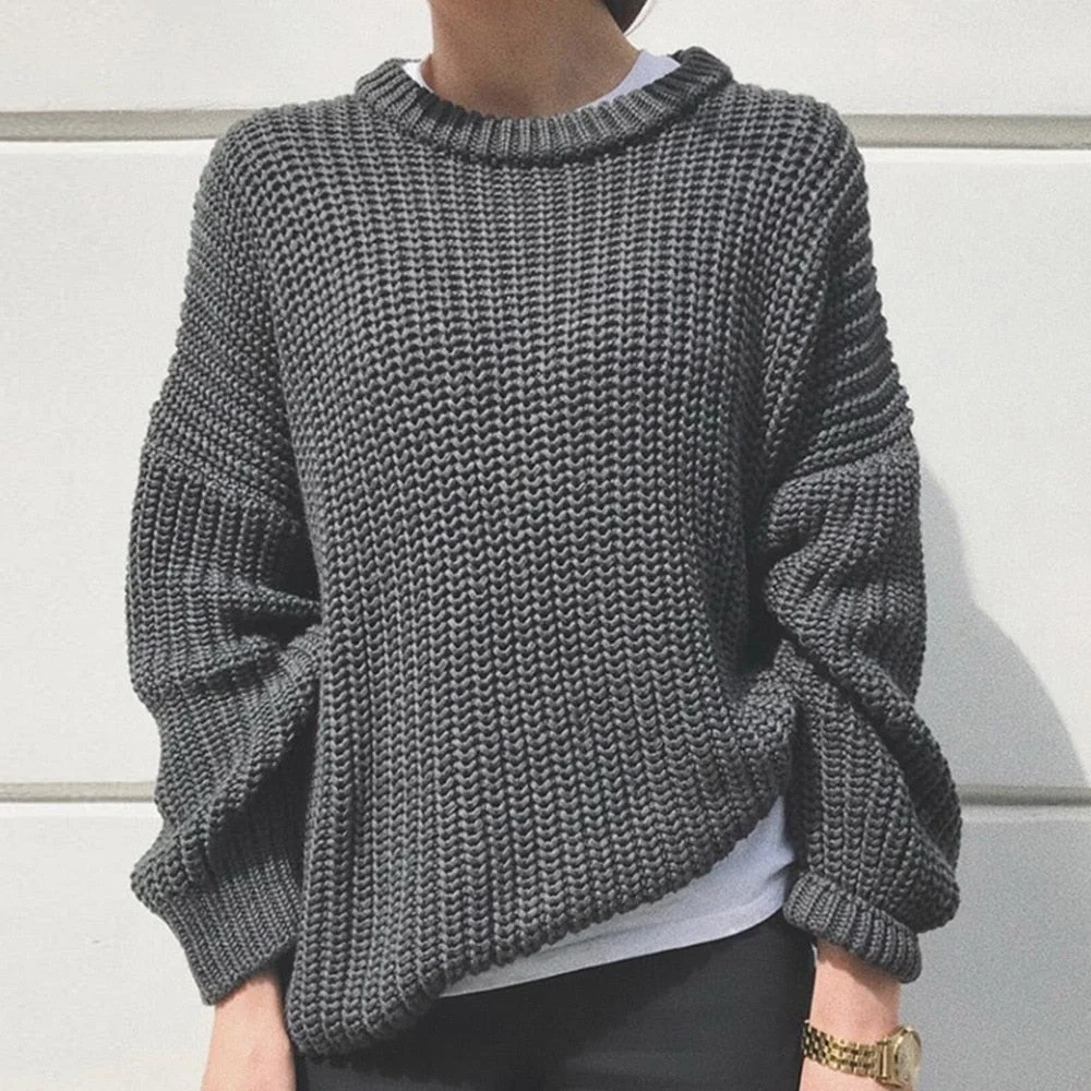 2020 Autumn Women Solid Sweater Elegant O-neck Loose Female Knitted Sweater Casual Long Sleeve Warm Oversized Pullover Jumpers
