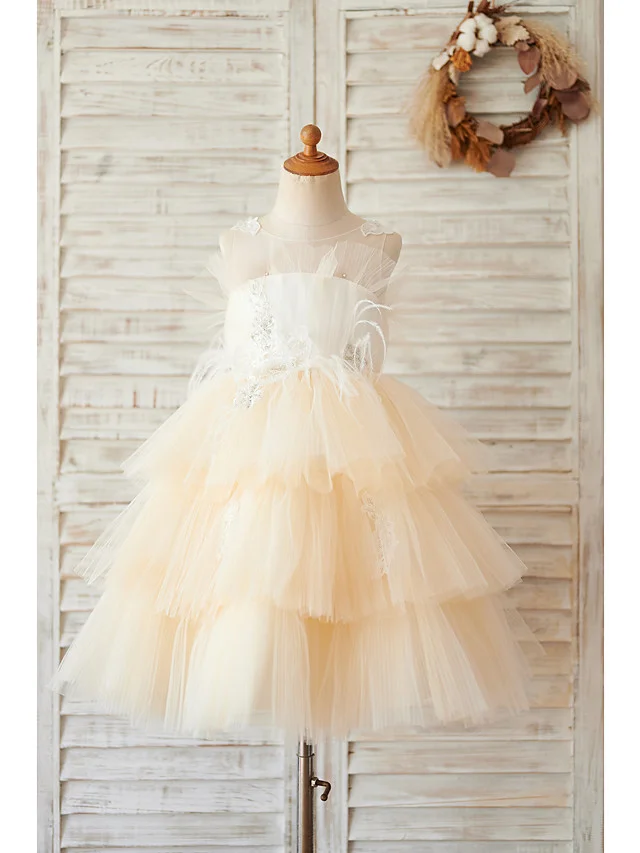 Hellodresses Sleeveless Jewel Neck Ball Gown Knee Length Flower Girl Dress Tulle With Feathers Fur  Lace Beading