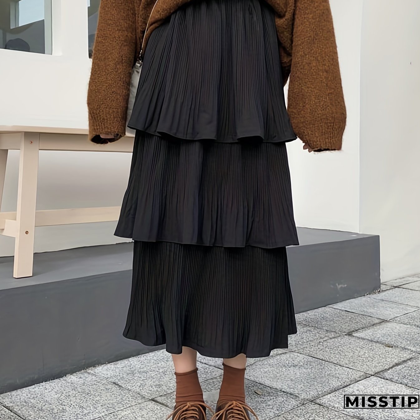 Solid Layered Ruffle Hem Skirt, Casual Pleated Skirt For Spring & Summer, Women's Clothing