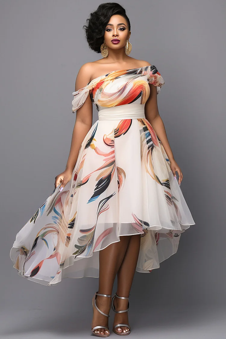 Xpluswear Design Plus Size Wedding Guest White Elegant All Over Print Oblique Collar Asymmetric Hem Tulle Midi Dresses [Pre-Order] 2024 - Xpluswear