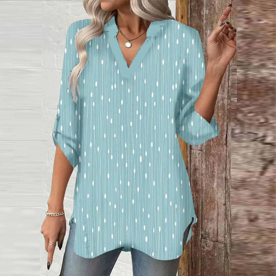 Women Polka Dots,Blue,Stripes DZGA0689 3/4 Sleeve V-neck Printed Graphic Button Tops