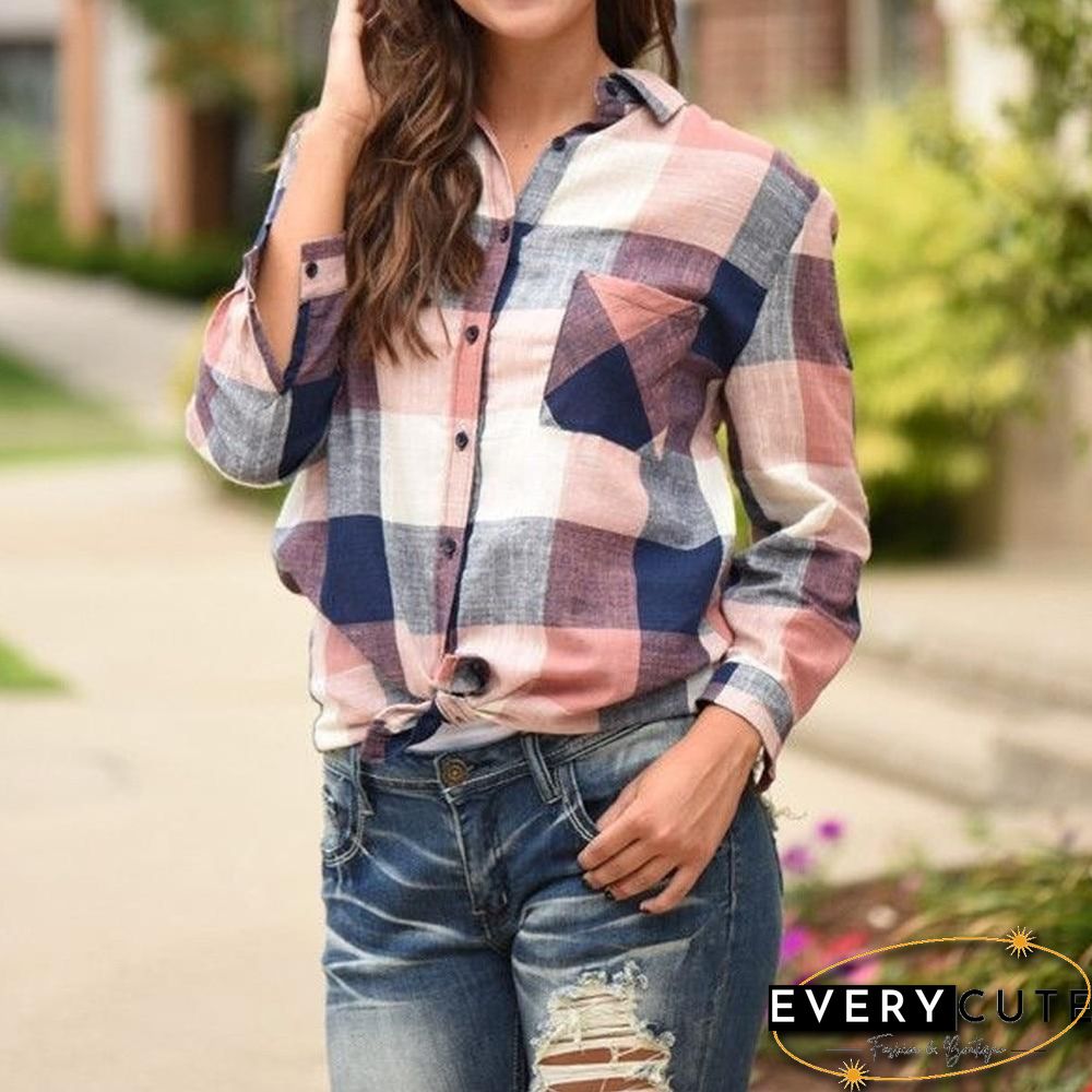 Fashion women Casual Matching Color Long Sleeve Button Loose Plaid Shirt Top Blouse