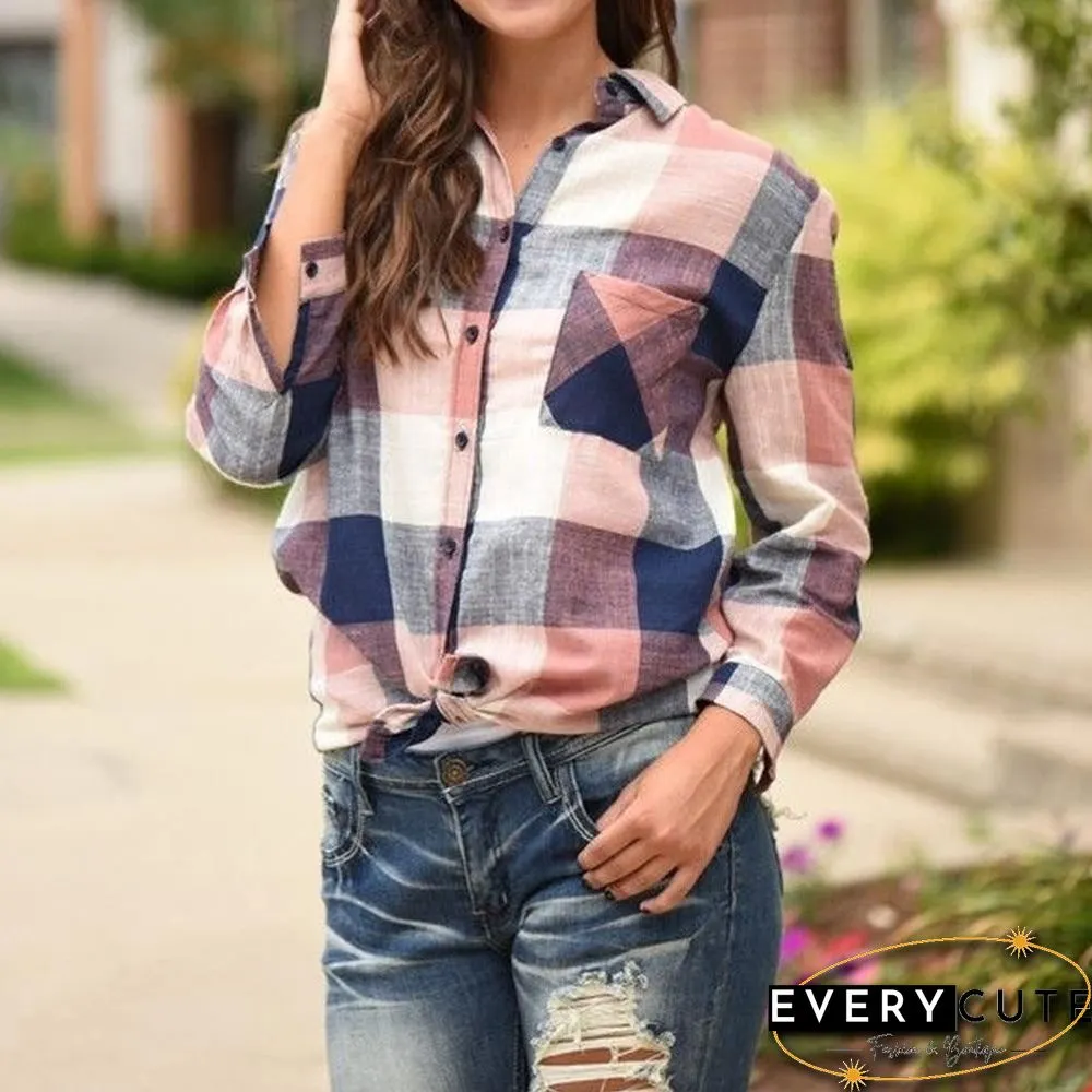 Fashion women Casual Matching Color Long Sleeve Button Loose Plaid Shirt Top Blouse