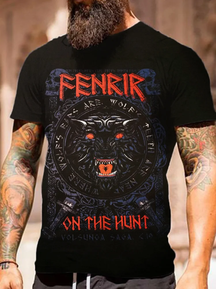 BrosWear Men's Fenrir On The Hunt Viking Short Sleeve T Shirt