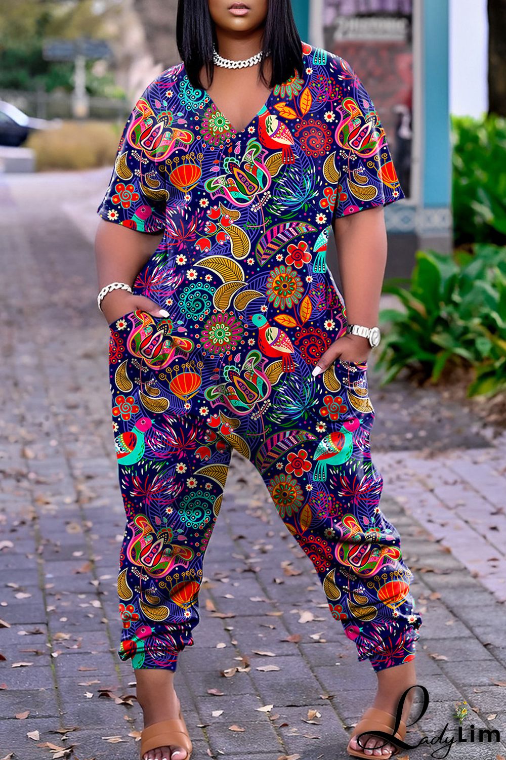 Pink Casual Print Patchwork V Neck Regular Jumpsuits