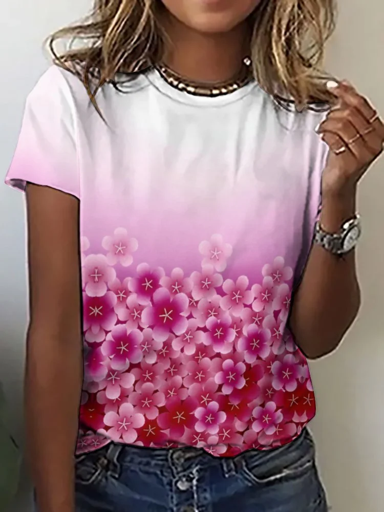 Printed Short Sleeve Casual T-shirt for  Women and Men Unisex Pattern Floral, Pink