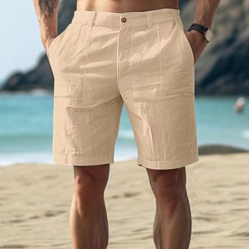 Vacation Solid Color Cotton and Linen Beach Casual Shorts