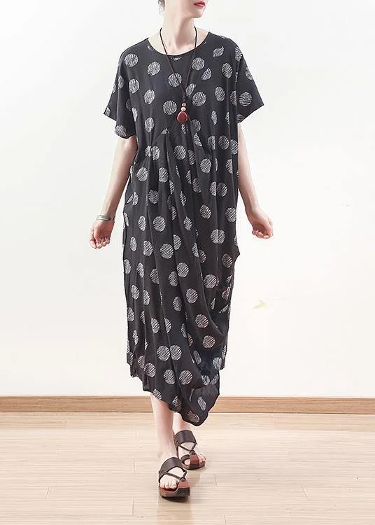 French black prints linen dress Casual Sewing draping long summer Dresses