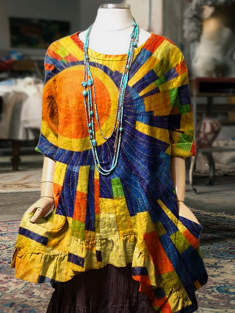 Women's Vintage Sun Color Geometric Art Print Pocket Cotton Dress