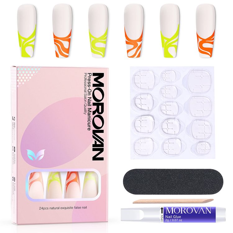 24PCS Fake Nails 14 Sizes Yellow/Orange French Style Press On Nails Kit
