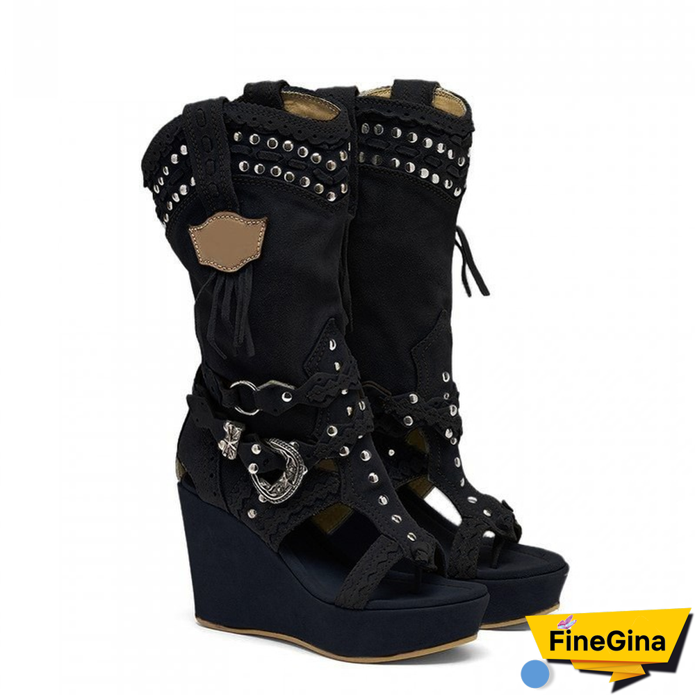 High Heels Ladies Ankle Boots Shoes Retro Canvas Cowboy Wedges Boots Women's Shoes Tailoring Sandals Women Mujer Sapato Feminino