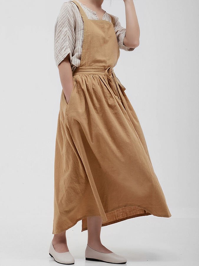 Women's Cotton Linen Simple Double Pocket Apron Dress