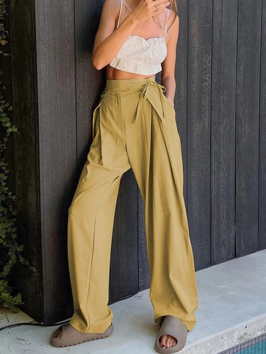 Pleated Lace Up Wide Leg Pants