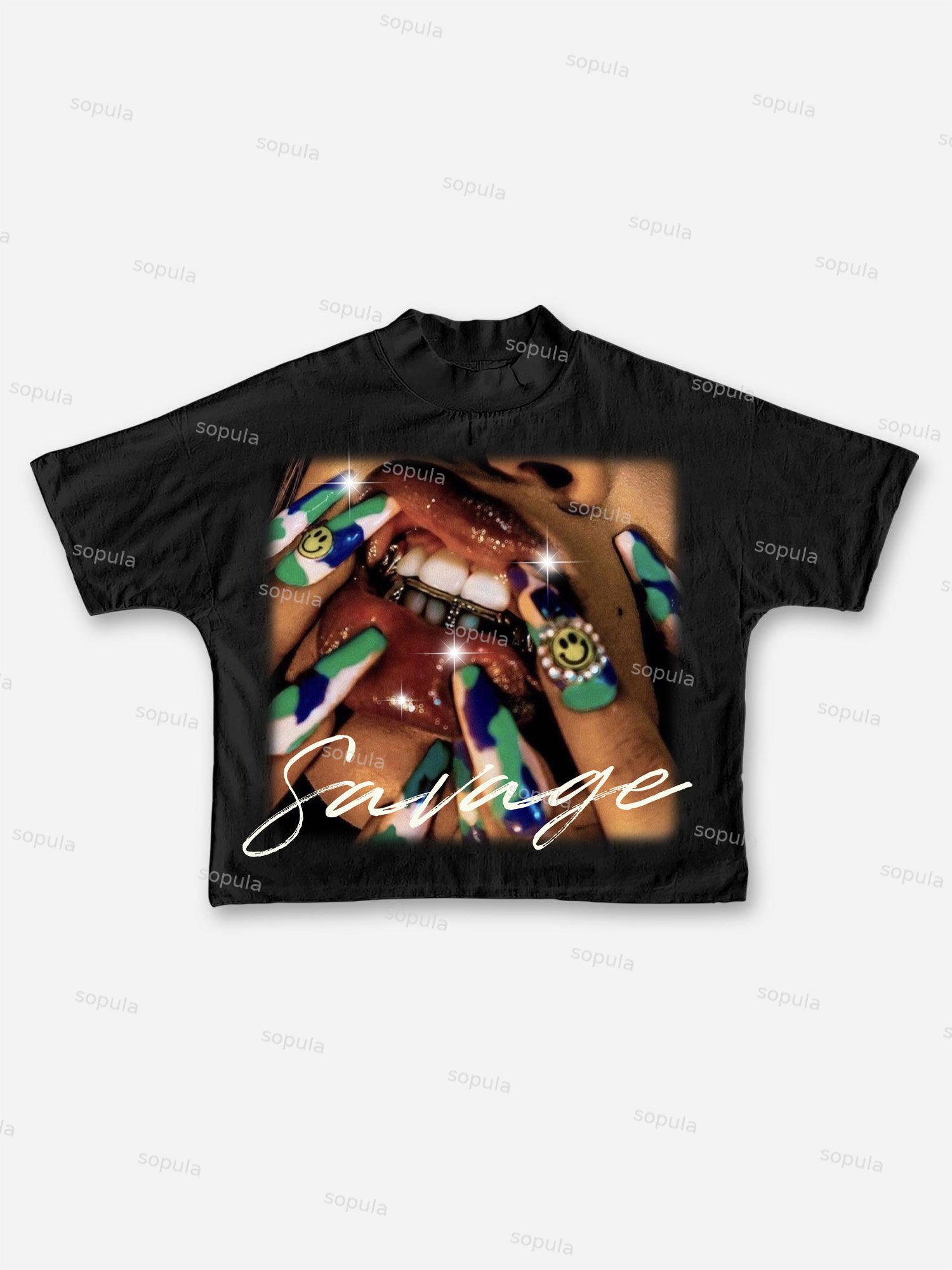 Sopula Savage Street Lips Nail Art Teeth Y2k Graphic Cropped T-shirt - SOPULA