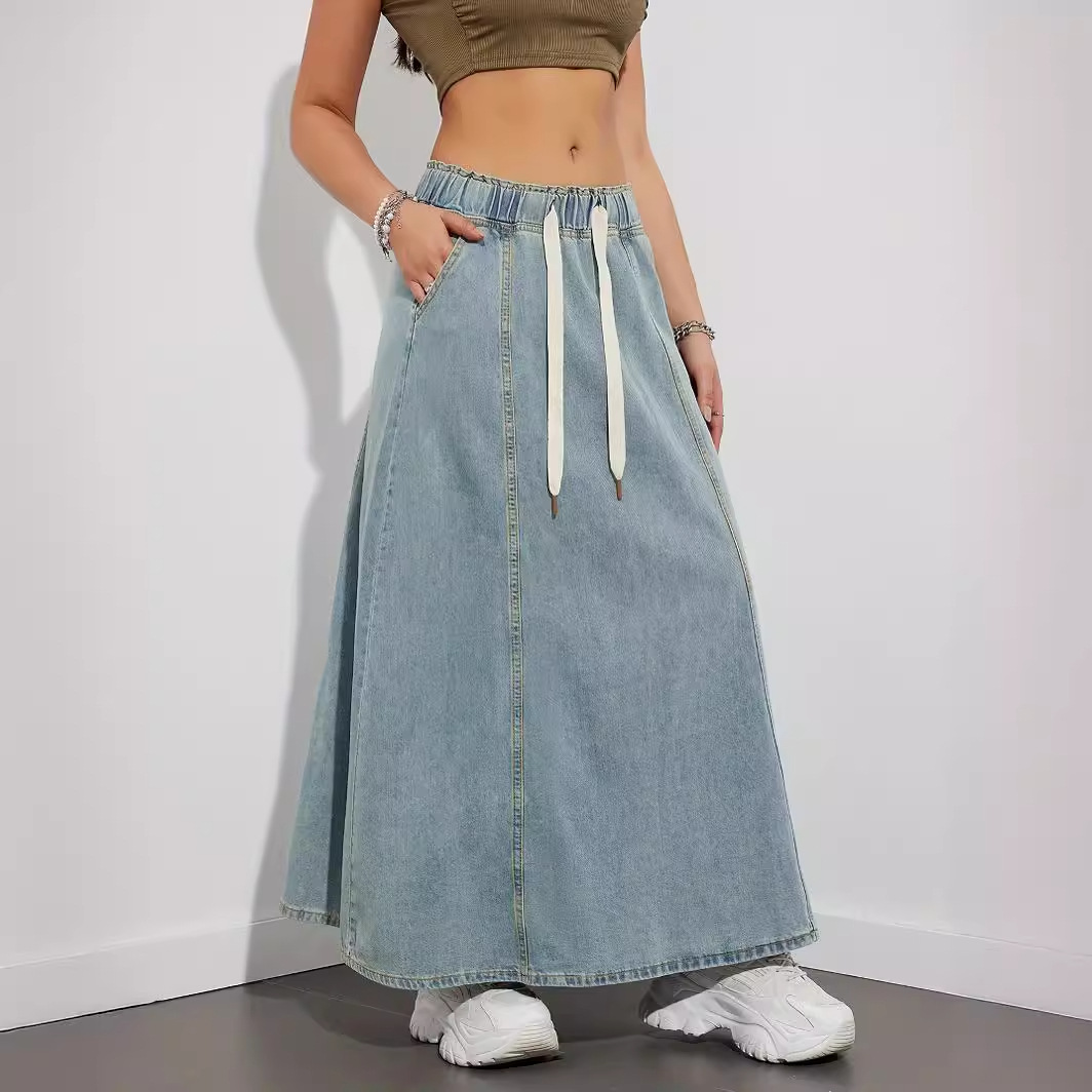 Women Elastic Waist Denim Maxi Skirt