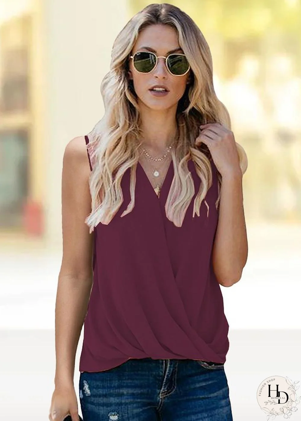 V Neck Sleeveless Solid Color T-Shirt