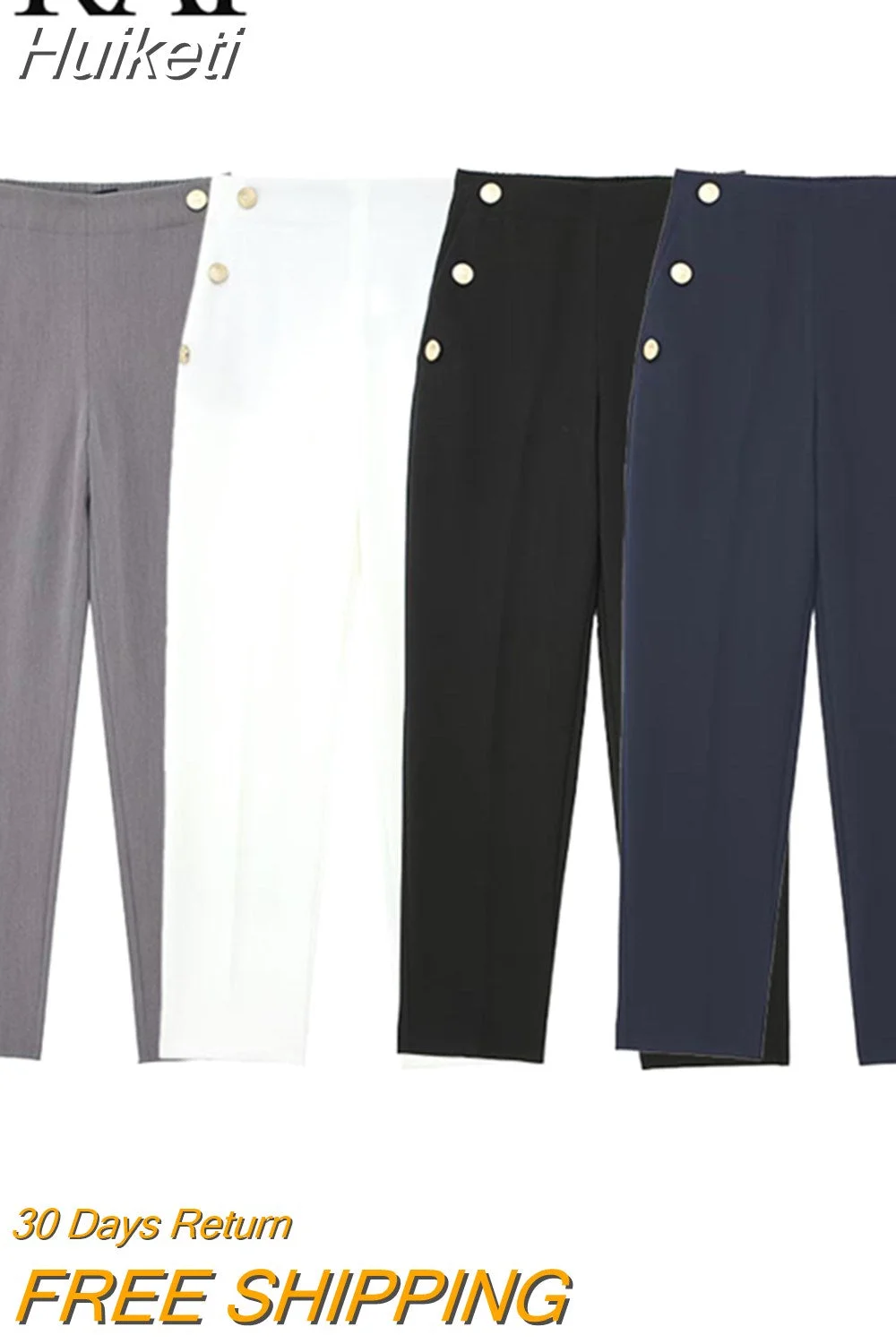 Huiketi 2023 Women's Fashion Summer Casual Ankle-Length Pants Solid Elastic Waist Button Decorate Female Straight Leg Pants