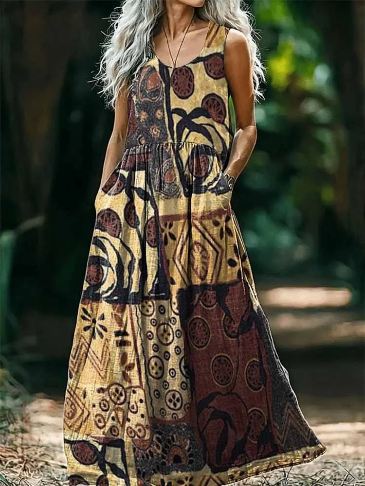Women's Boho Ethnic Patchwork Art Print Sleeveless Pocket Cotton Maxi Dress