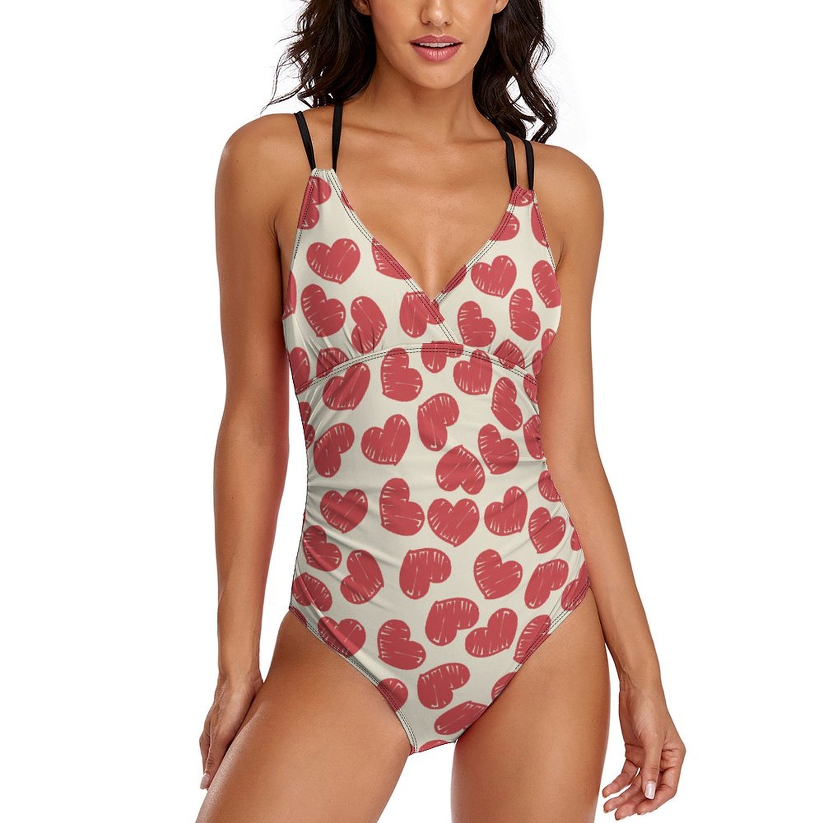 Women's Love Doodle One Piece Deep V Neck Crisscross Back Adjustable Strap Swimsuits
