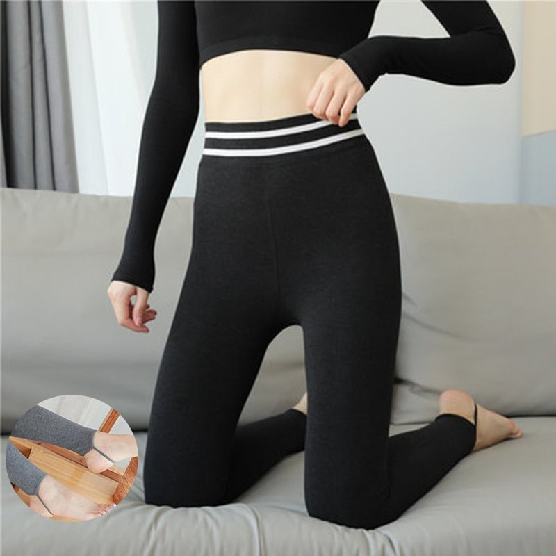 FINETOO Winter Velvet Leggings Body Slimming Cold-resistant Woman Striped Waist Legging Stretchy Comfortable Warm Fleece Pants