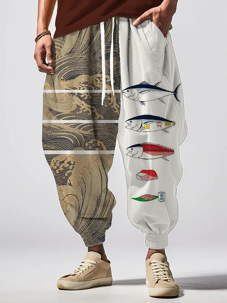 Men's Japanese Fish Sea Wave Art Print Loose Drawstring Waist Sweatpants